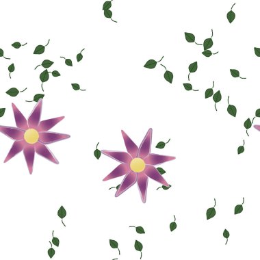 Serbest kompozisyonda yeşil yapraklı basit çiçekler, vektör illüstrasyonu