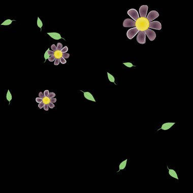 Serbest kompozisyonda yeşil yapraklı basit çiçekler, vektör illüstrasyonu