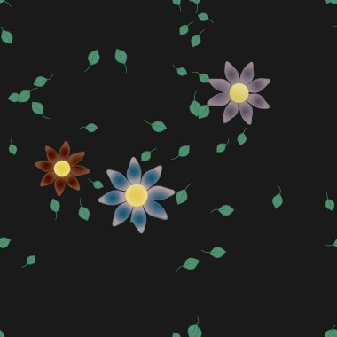 Serbest kompozisyonda yeşil yapraklı basit çiçekler, vektör illüstrasyonu