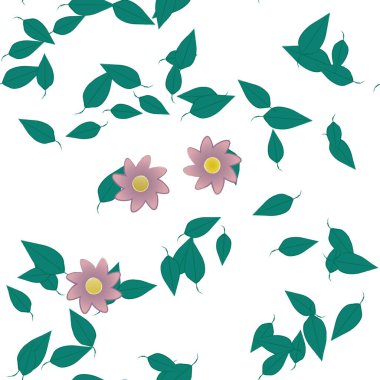 basit renkli çiçekleri olan serbest kompozisyon ve duvar kağıdı için yeşil yapraklar, vektör illüstrasyonu