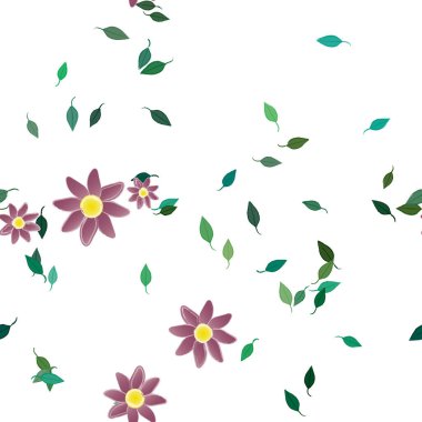 Serbest kompozisyonda yeşil yapraklı basit çiçekler, vektör illüstrasyonu