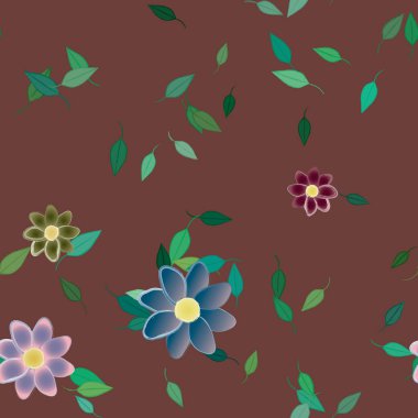 Serbest kompozisyonda yeşil yapraklı basit çiçekler, vektör illüstrasyonu