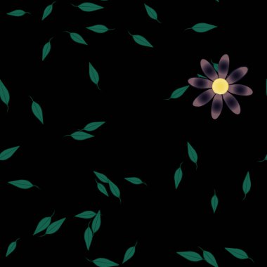 basit renkli çiçekleri olan serbest kompozisyon ve duvar kağıdı için yeşil yapraklar, vektör illüstrasyonu