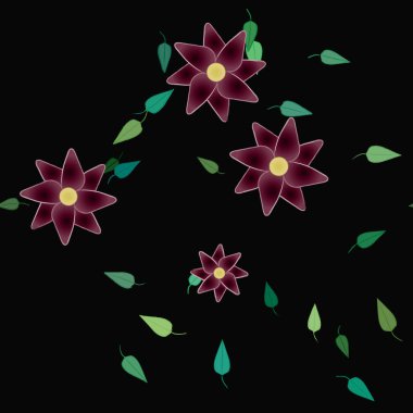 Serbest kompozisyonda yeşil yapraklı basit çiçekler, vektör illüstrasyonu