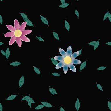 Serbest kompozisyonda yeşil yapraklı basit çiçekler, vektör illüstrasyonu