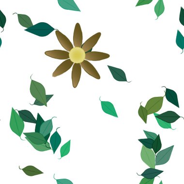 Serbest kompozisyonda yeşil yapraklı basit çiçekler, vektör illüstrasyonu