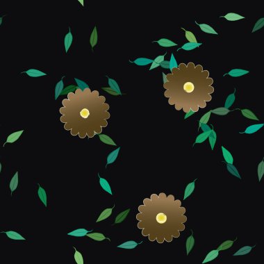 Serbest kompozisyonda yeşil yapraklı basit çiçekler, vektör illüstrasyonu