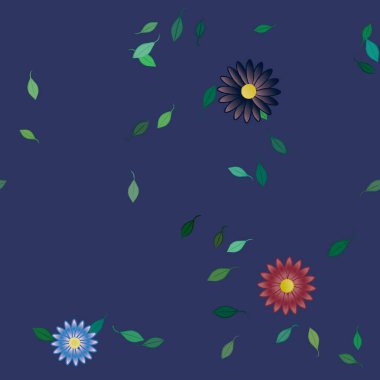 basit renkli çiçekleri olan serbest kompozisyon ve duvar kağıdı için yeşil yapraklar, vektör illüstrasyonu