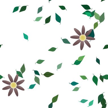 Serbest kompozisyonda yeşil yapraklı basit çiçekler, vektör illüstrasyonu