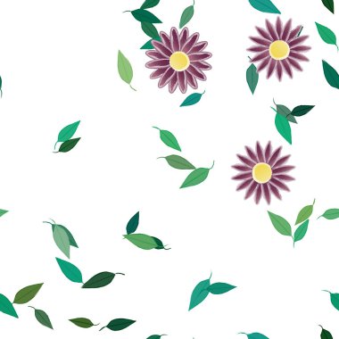 Serbest kompozisyonda yeşil yapraklı basit çiçekler, vektör illüstrasyonu