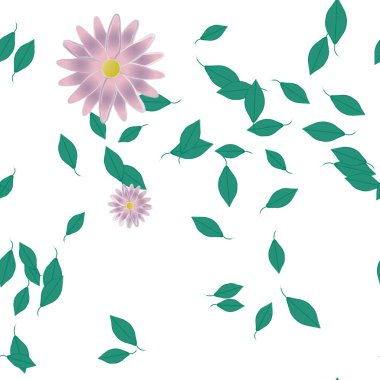 Serbest kompozisyonda yeşil yapraklı basit çiçekler, vektör illüstrasyonu