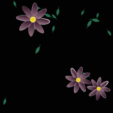 Serbest kompozisyonda yeşil yapraklı basit çiçekler, vektör illüstrasyonu