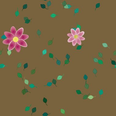 Serbest kompozisyonda yeşil yapraklı basit çiçekler, vektör illüstrasyonu