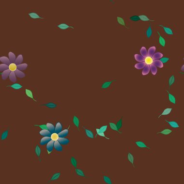 Serbest kompozisyonda yeşil yapraklı basit çiçekler, vektör illüstrasyonu