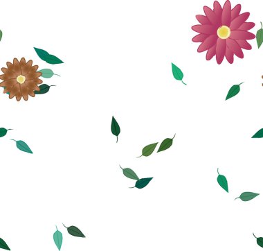 Serbest kompozisyonda yeşil yapraklı basit çiçekler, vektör illüstrasyonu