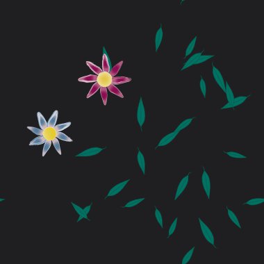 Serbest kompozisyonda yeşil yapraklı basit çiçekler, vektör illüstrasyonu