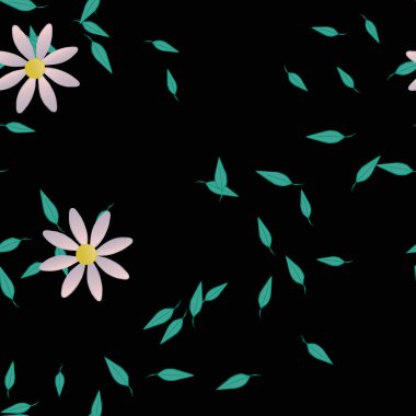 Serbest kompozisyonda yeşil yapraklı basit çiçekler, vektör illüstrasyonu