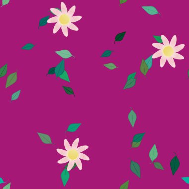 Serbest kompozisyonda yeşil yapraklı basit çiçekler, vektör illüstrasyonu