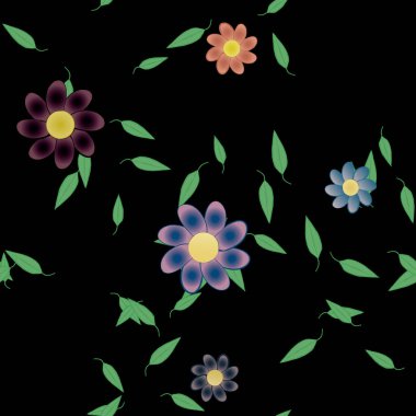 Serbest kompozisyonda yeşil yapraklı basit çiçekler, vektör illüstrasyonu