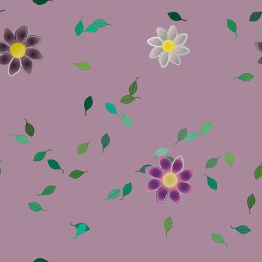 Serbest kompozisyonda yeşil yapraklı basit çiçekler, vektör illüstrasyonu