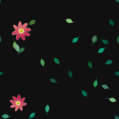 Serbest kompozisyonda yeşil yapraklı basit çiçekler, vektör illüstrasyonu