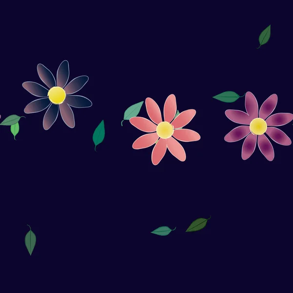 Flores Simples Con Hojas Verdes Composición Libre Ilustración Vectorial — Vector de stock