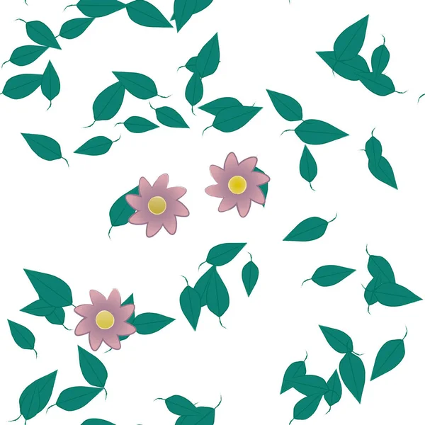 basit renkli çiçekleri olan serbest kompozisyon ve duvar kağıdı için yeşil yapraklar, vektör illüstrasyonu