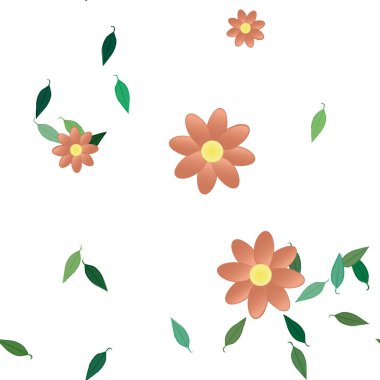 basit renkli çiçekleri olan serbest kompozisyon ve duvar kağıdı için yeşil yapraklar, vektör illüstrasyonu