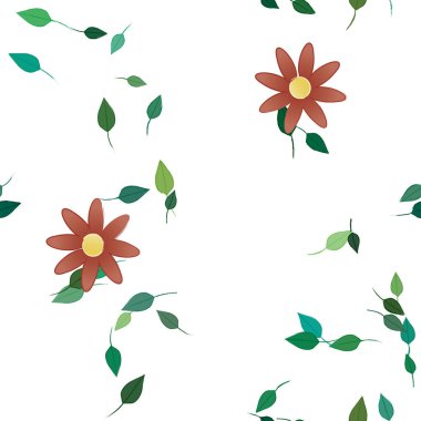 Serbest kompozisyonda yeşil yapraklı basit çiçekler, vektör illüstrasyonu