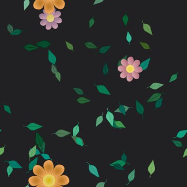 basit renkli çiçekleri olan serbest kompozisyon ve duvar kağıdı için yeşil yapraklar, vektör illüstrasyonu