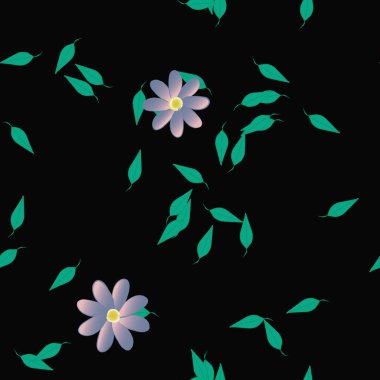 Serbest kompozisyonda yeşil yapraklı basit çiçekler, vektör illüstrasyonu