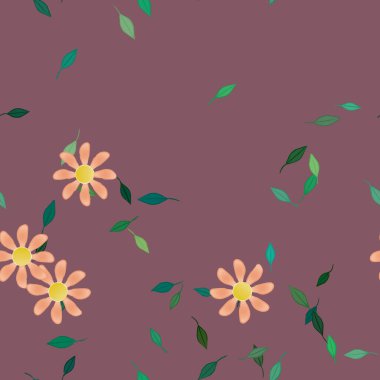 basit renkli çiçekleri olan serbest kompozisyon ve duvar kağıdı için yeşil yapraklar, vektör illüstrasyonu