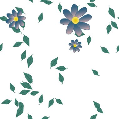 basit renkli çiçekleri olan serbest kompozisyon ve duvar kağıdı için yeşil yapraklar, vektör illüstrasyonu