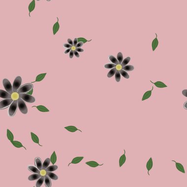 Serbest kompozisyonda yeşil yapraklı basit çiçekler, vektör illüstrasyonu