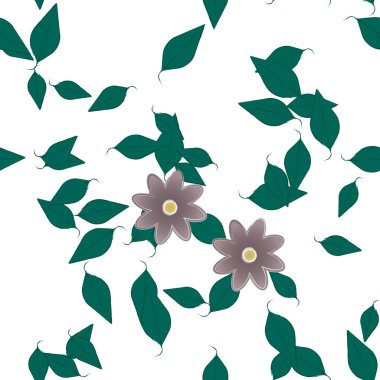 Serbest kompozisyonda yeşil yapraklı basit çiçekler, vektör illüstrasyonu