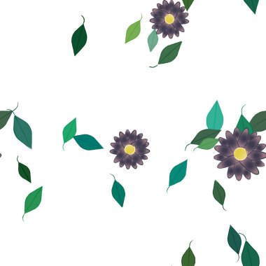 Serbest kompozisyonda yeşil yapraklı basit çiçekler, vektör illüstrasyonu