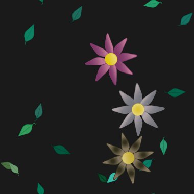 Serbest kompozisyonda yeşil yapraklı basit çiçekler, vektör illüstrasyonu