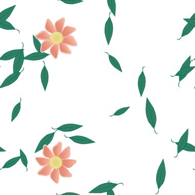 Serbest kompozisyonda yeşil yapraklı basit çiçekler, vektör illüstrasyonu