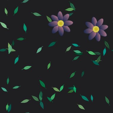 basit renkli çiçekleri olan serbest kompozisyon ve duvar kağıdı için yeşil yapraklar, vektör illüstrasyonu