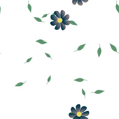 Serbest kompozisyonda yeşil yapraklı basit çiçekler, vektör illüstrasyonu