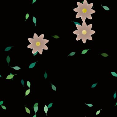 Serbest kompozisyonda yeşil yapraklı basit çiçekler, vektör illüstrasyonu