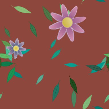 Serbest kompozisyonda yeşil yapraklı basit çiçekler, vektör illüstrasyonu