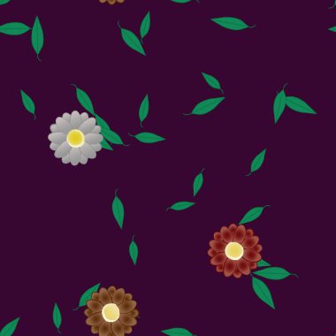 Serbest kompozisyonda yeşil yapraklı basit çiçekler, vektör illüstrasyonu