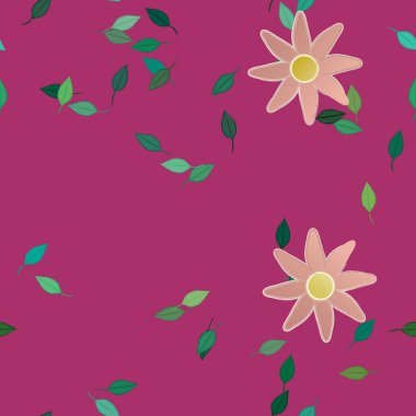 Serbest kompozisyonda yeşil yapraklı basit çiçekler, vektör illüstrasyonu