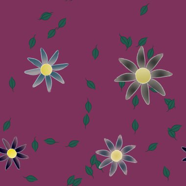 basit renkli çiçekleri olan serbest kompozisyon ve duvar kağıdı için yeşil yapraklar, vektör illüstrasyonu