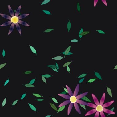 Serbest kompozisyonda yeşil yapraklı basit çiçekler, vektör illüstrasyonu