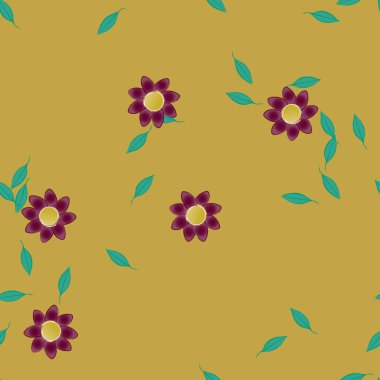 basit renkli çiçekleri olan serbest kompozisyon ve duvar kağıdı için yeşil yapraklar, vektör illüstrasyonu