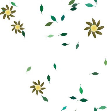 Serbest kompozisyonda yeşil yapraklı basit çiçekler, vektör illüstrasyonu