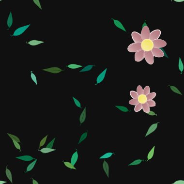 basit renkli çiçekleri olan serbest kompozisyon ve duvar kağıdı için yeşil yapraklar, vektör illüstrasyonu