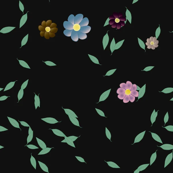 Flores Simples Con Hojas Verdes Composición Libre Ilustración Vectorial — Vector de stock